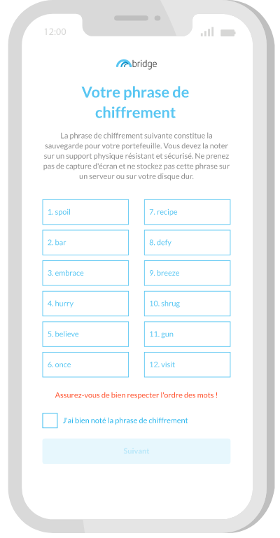 Exemple d'une phrase de chiffrement de 12 mots dans Bridge Wallet